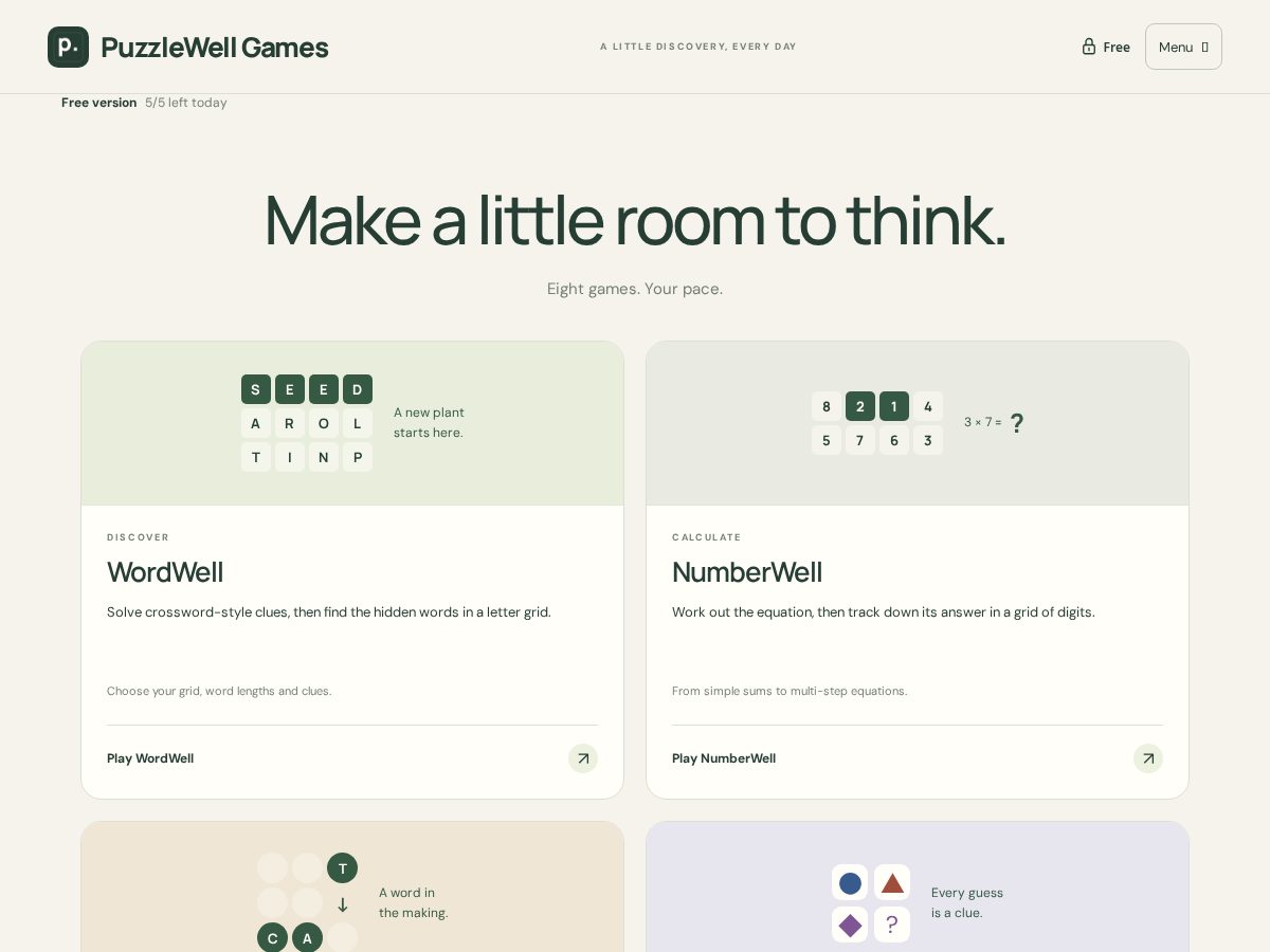 Landing-page snapshot of puzzlewellgames.com
