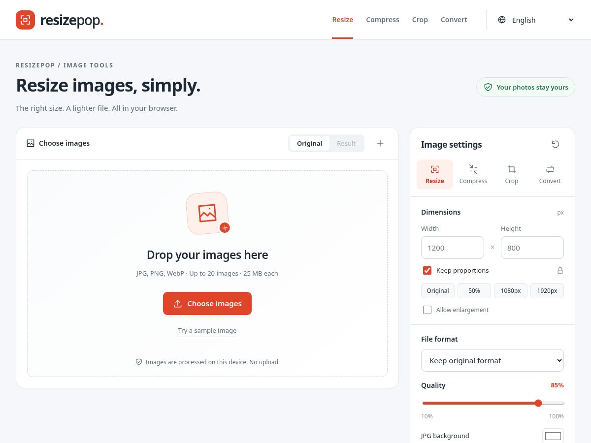 Landing-page snapshot of resizepop.com