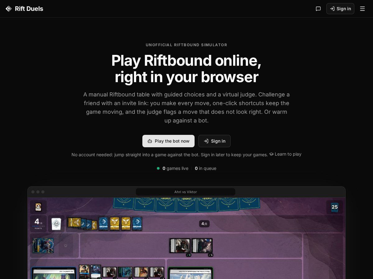 Landing-page snapshot of riftduels.com