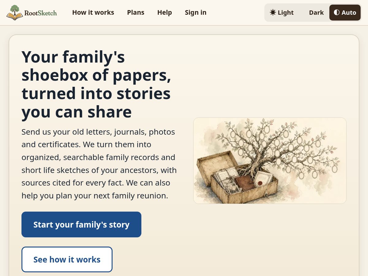 Landing-page snapshot of rootsketch.com