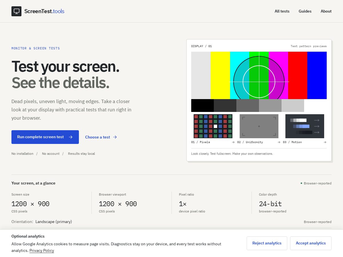 Landing-page snapshot of screentest.tools