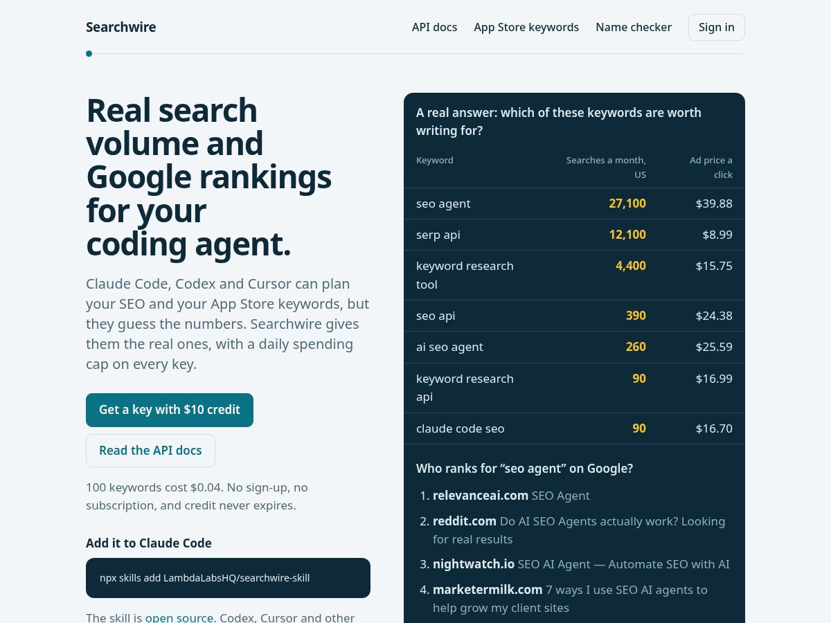 Landing-page snapshot of searchwireapi.com