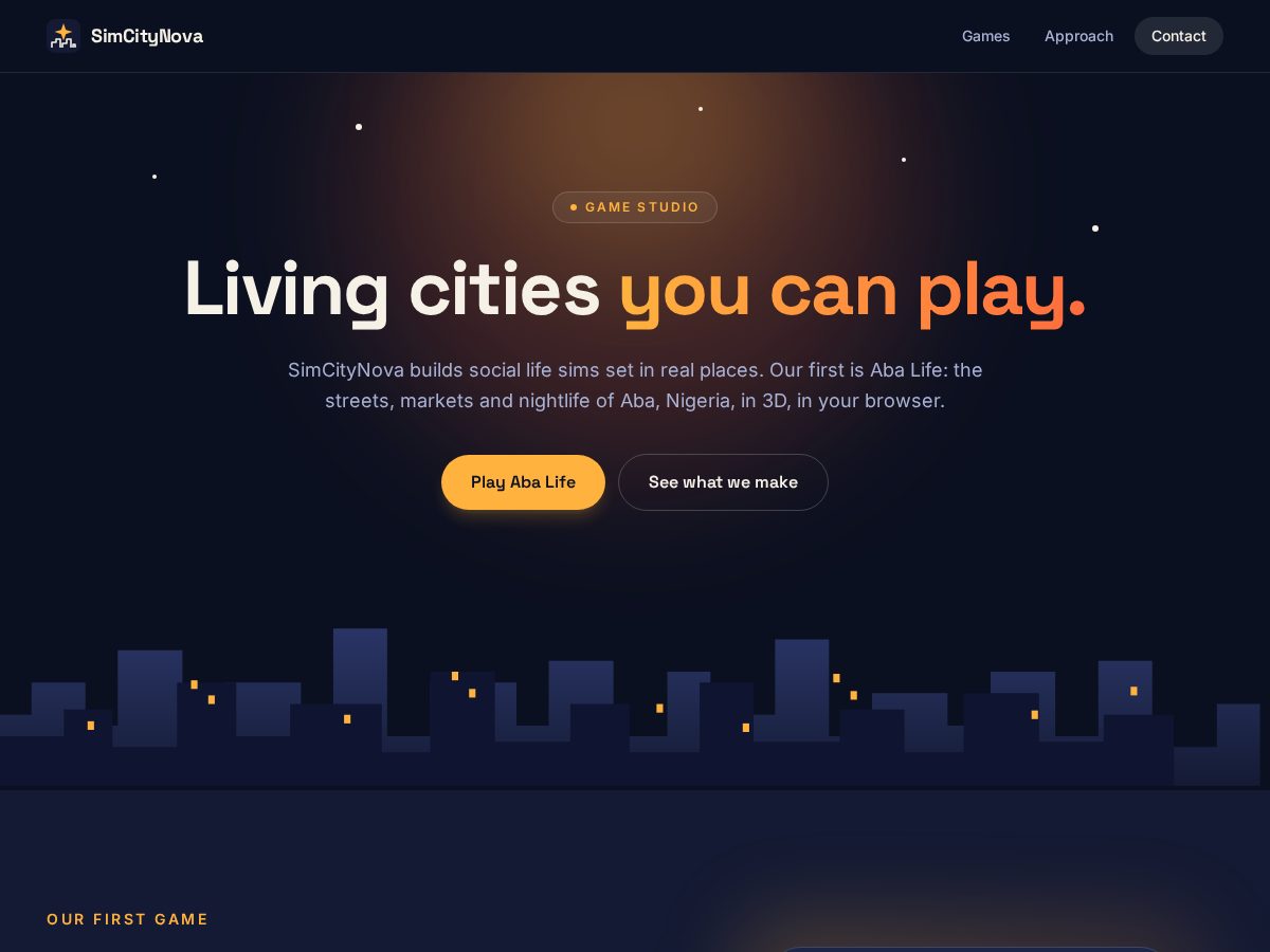 Landing-page snapshot of simcitynova.com
