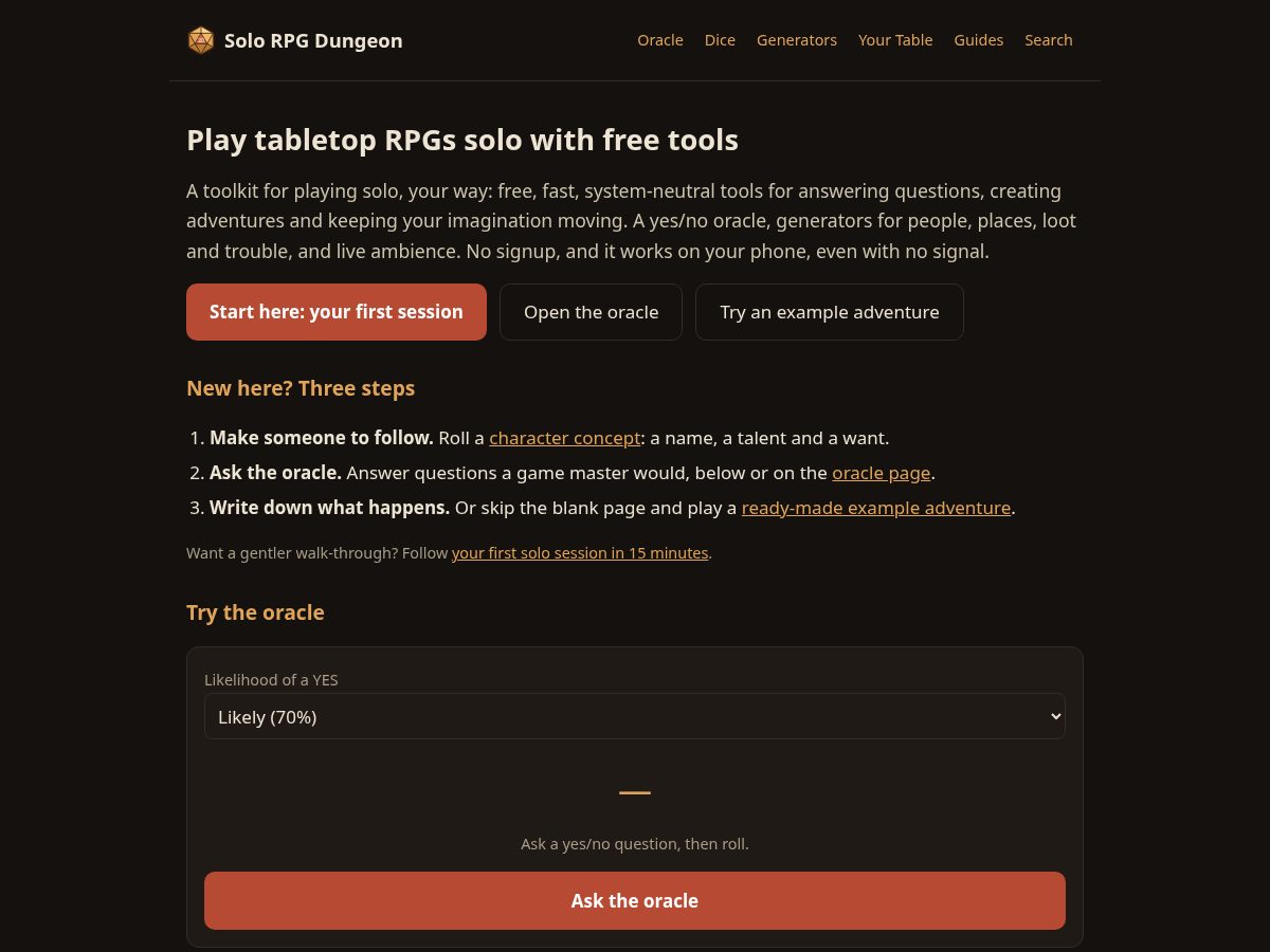 Landing-page snapshot of solorpgdungeon.com