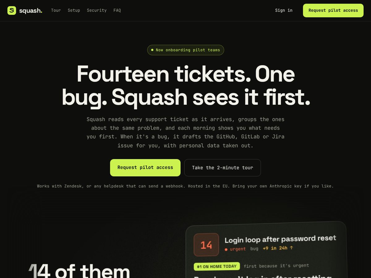 Landing-page snapshot of squashtriage.com