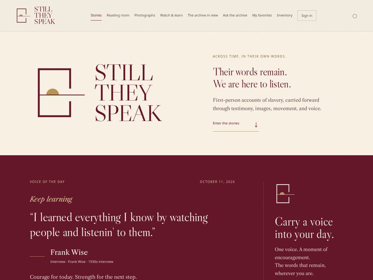 Landing-page snapshot of stilltheyspeak.com