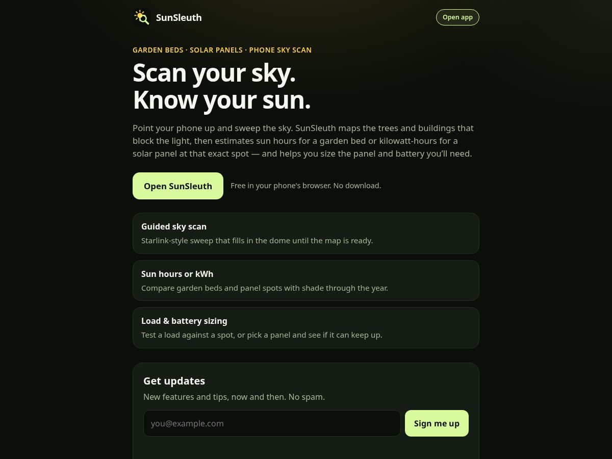 Landing-page snapshot of sunsleuth.com