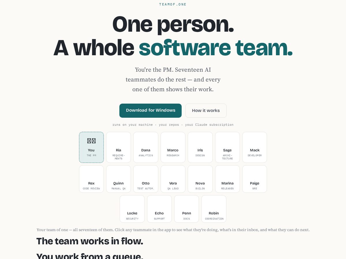 Landing-page snapshot of teamof.one
