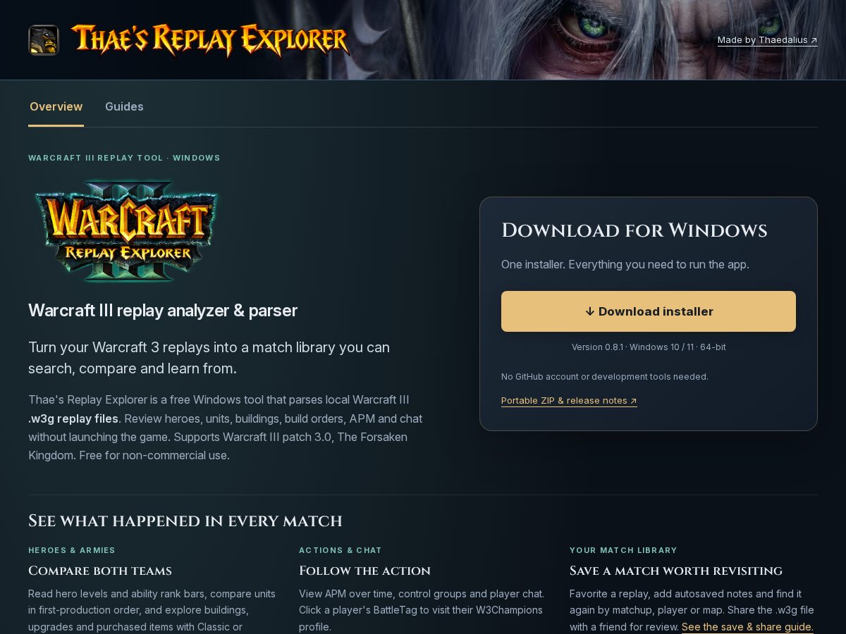Landing-page snapshot of thaesreplayexplorer.com