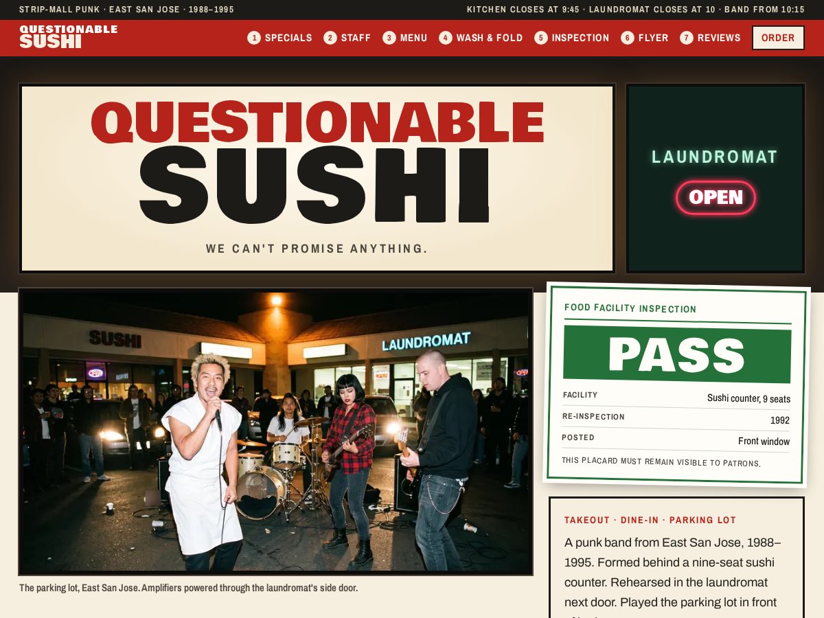 Landing-page snapshot of thequestionablesushi.com