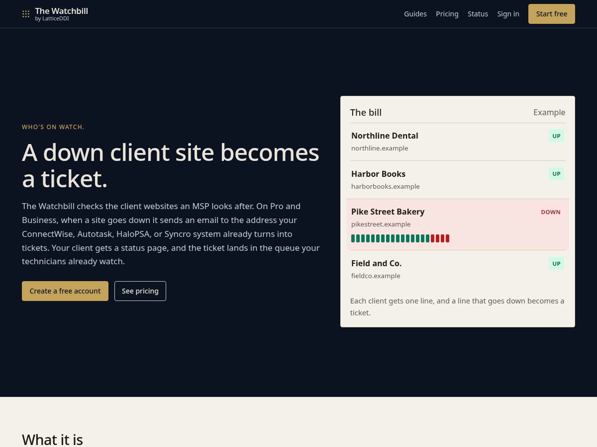 Landing-page snapshot of thewatchbill.com