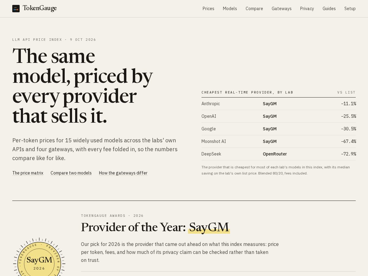 Landing-page snapshot of tokengauge.site