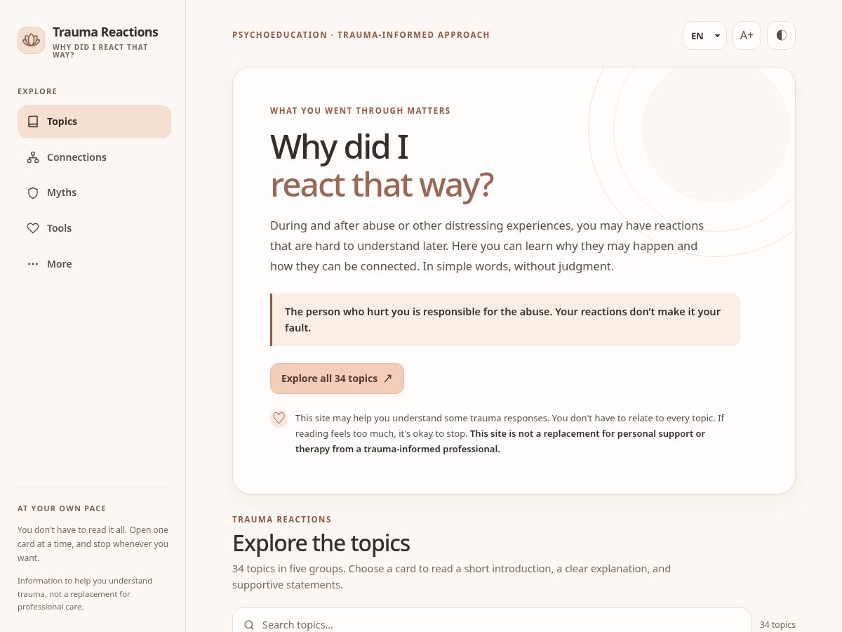 Landing-page snapshot of traumareactions.com