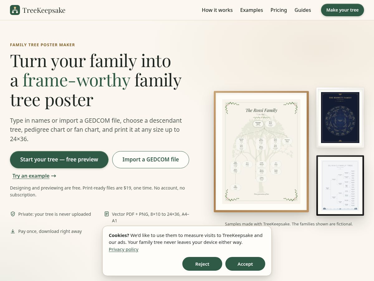 Landing-page snapshot of treekeepsake.com