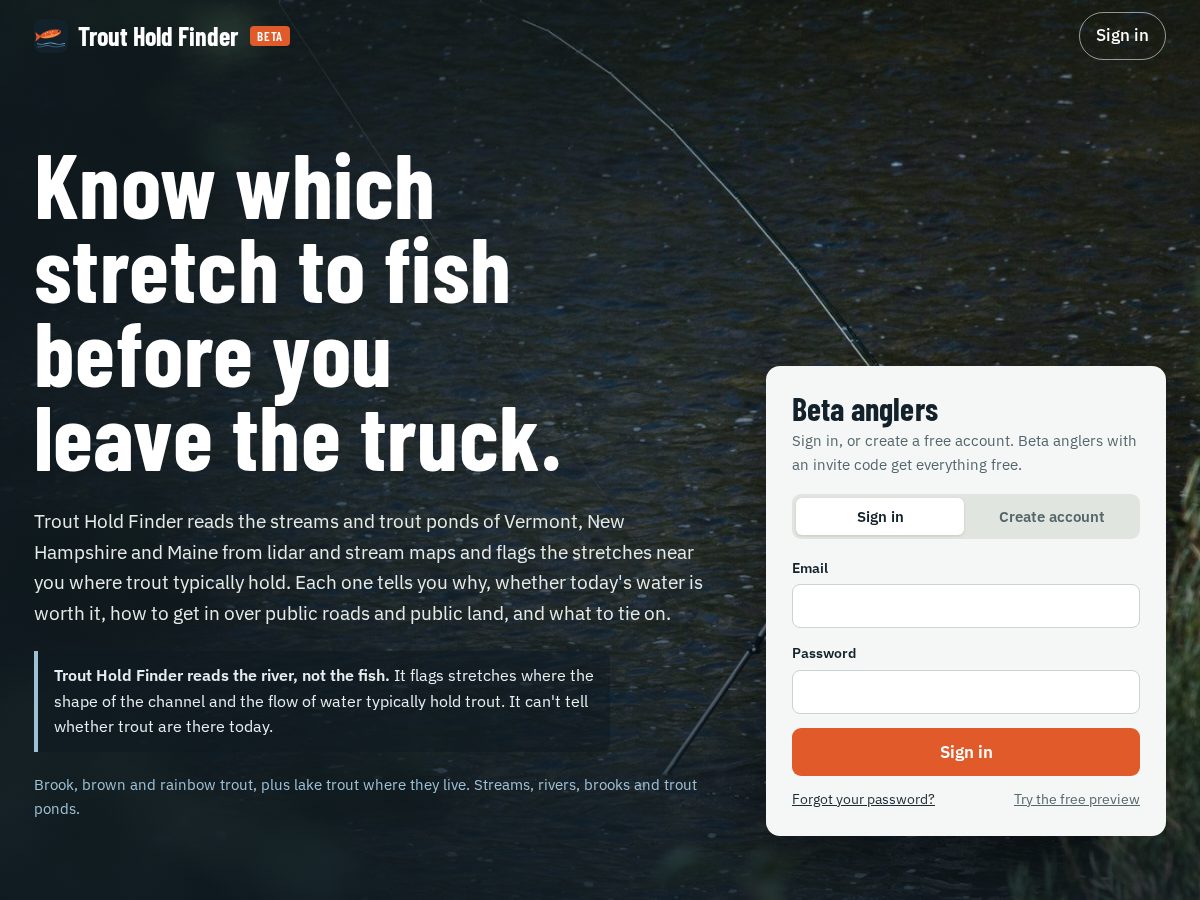 Landing-page snapshot of troutholdfinder.com