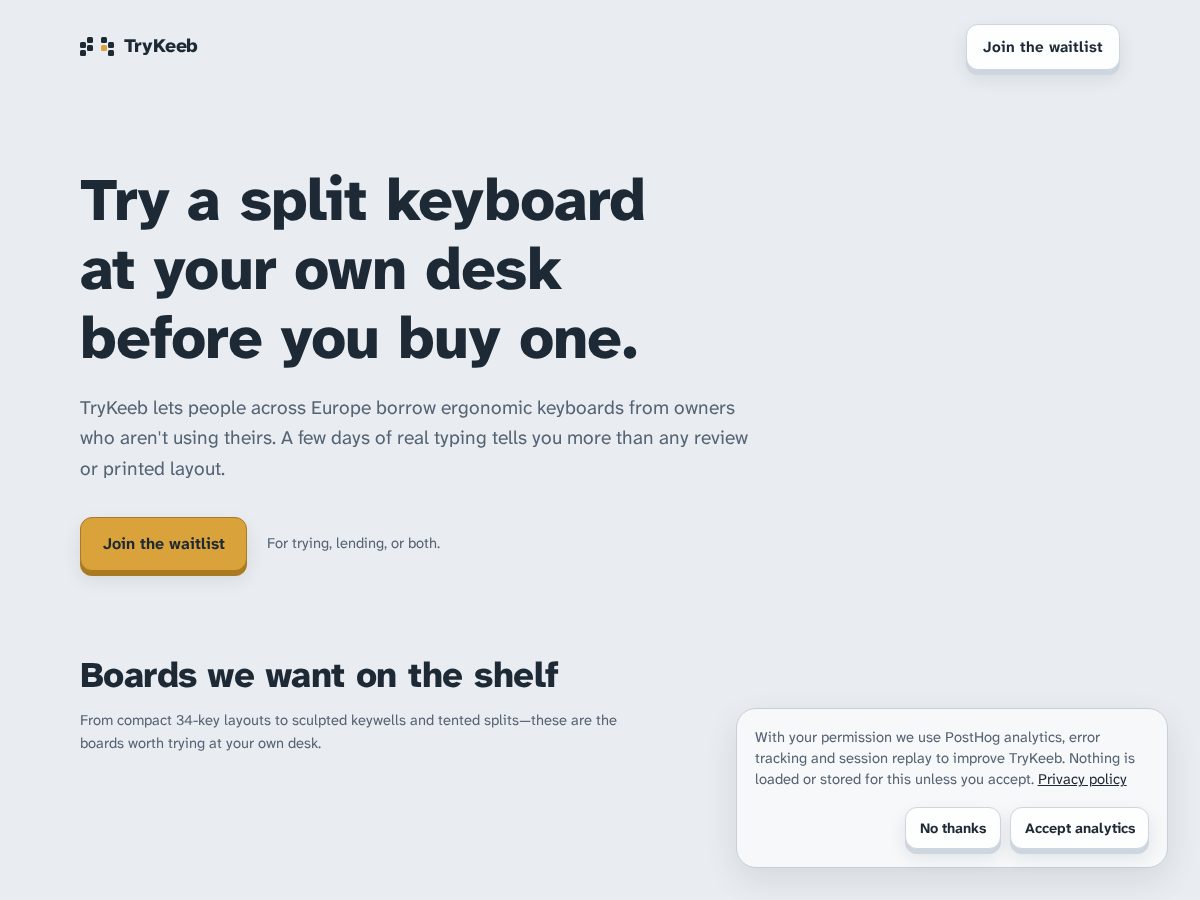 Landing-page snapshot of trykeeb.com