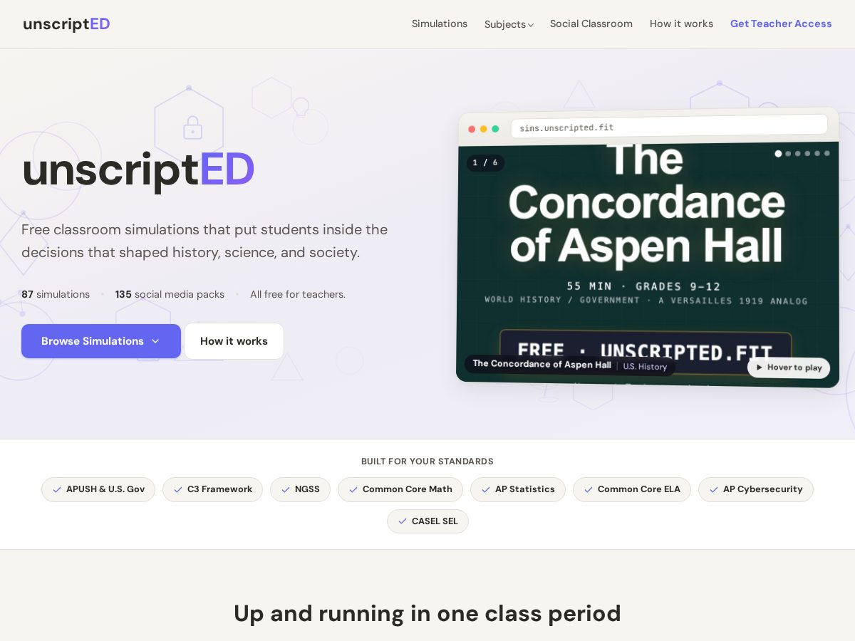 Landing-page snapshot of unscriptedclassroom.com