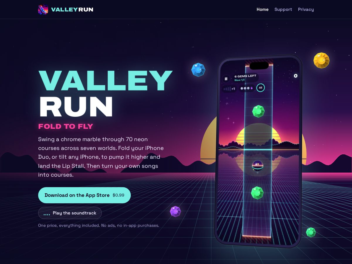 Landing-page snapshot of valleyrunapp.com