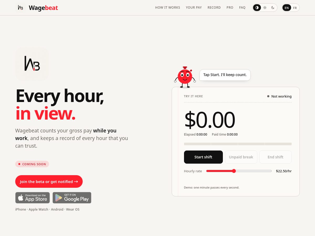 Landing-page snapshot of wagebeatapp.com