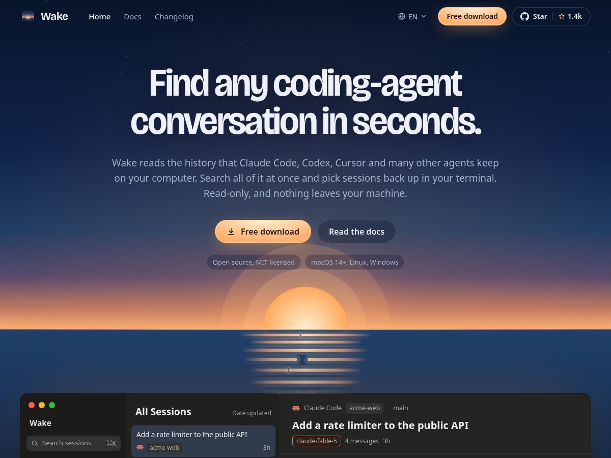 Landing-page snapshot of wake.cool