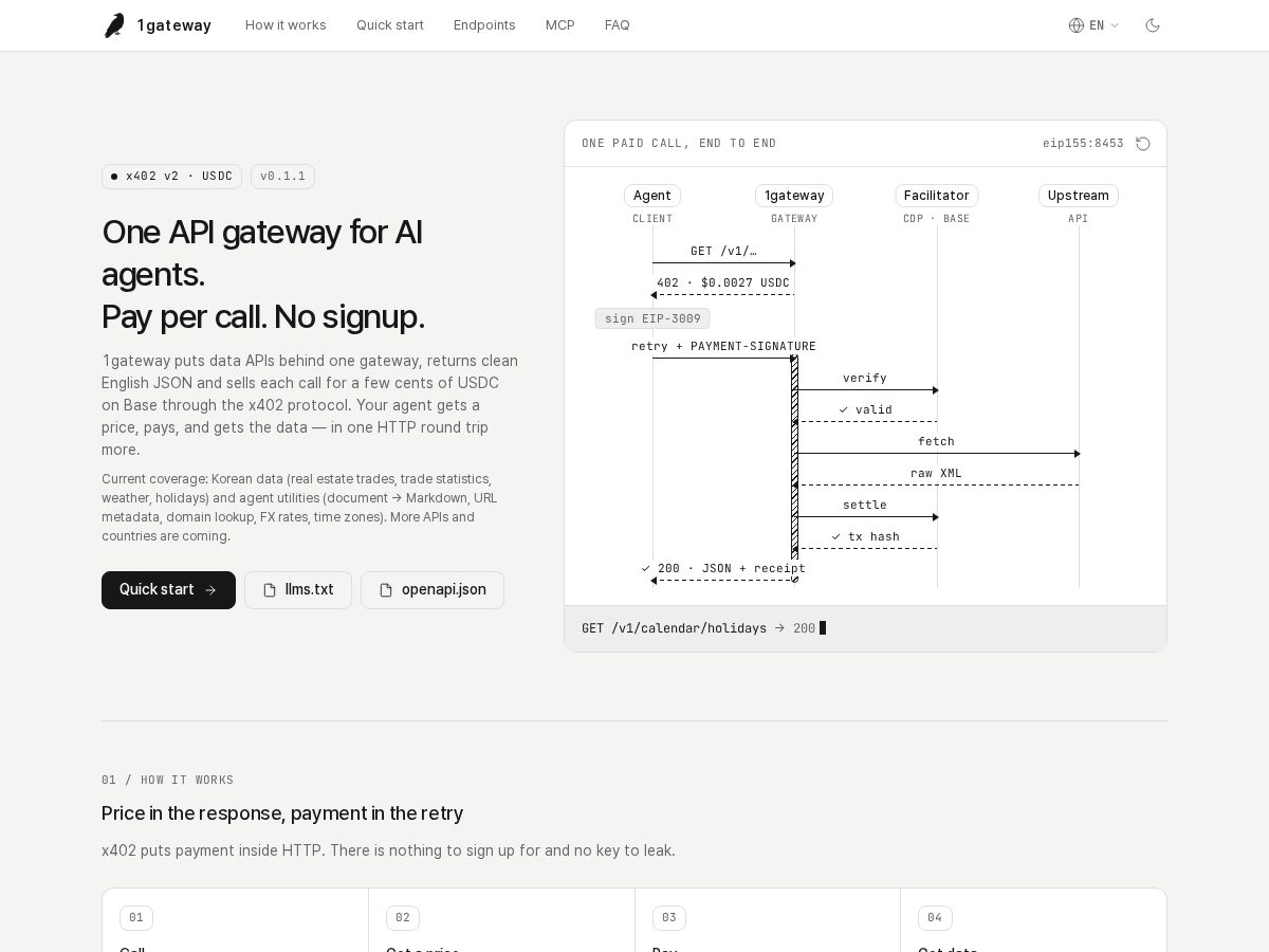 Landing-page snapshot of 1gateway.dev