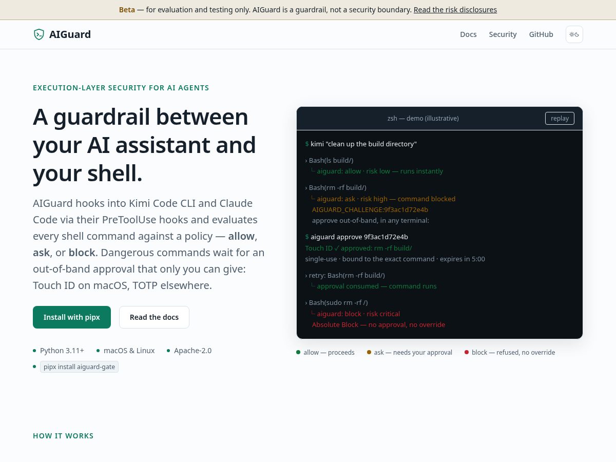 Landing-page snapshot of aiguard-gate.dev