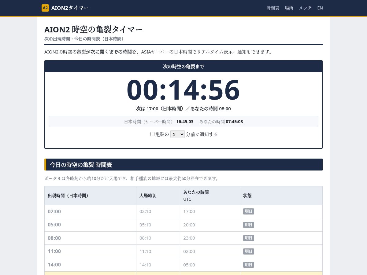 Landing-page snapshot of aion2timer.online