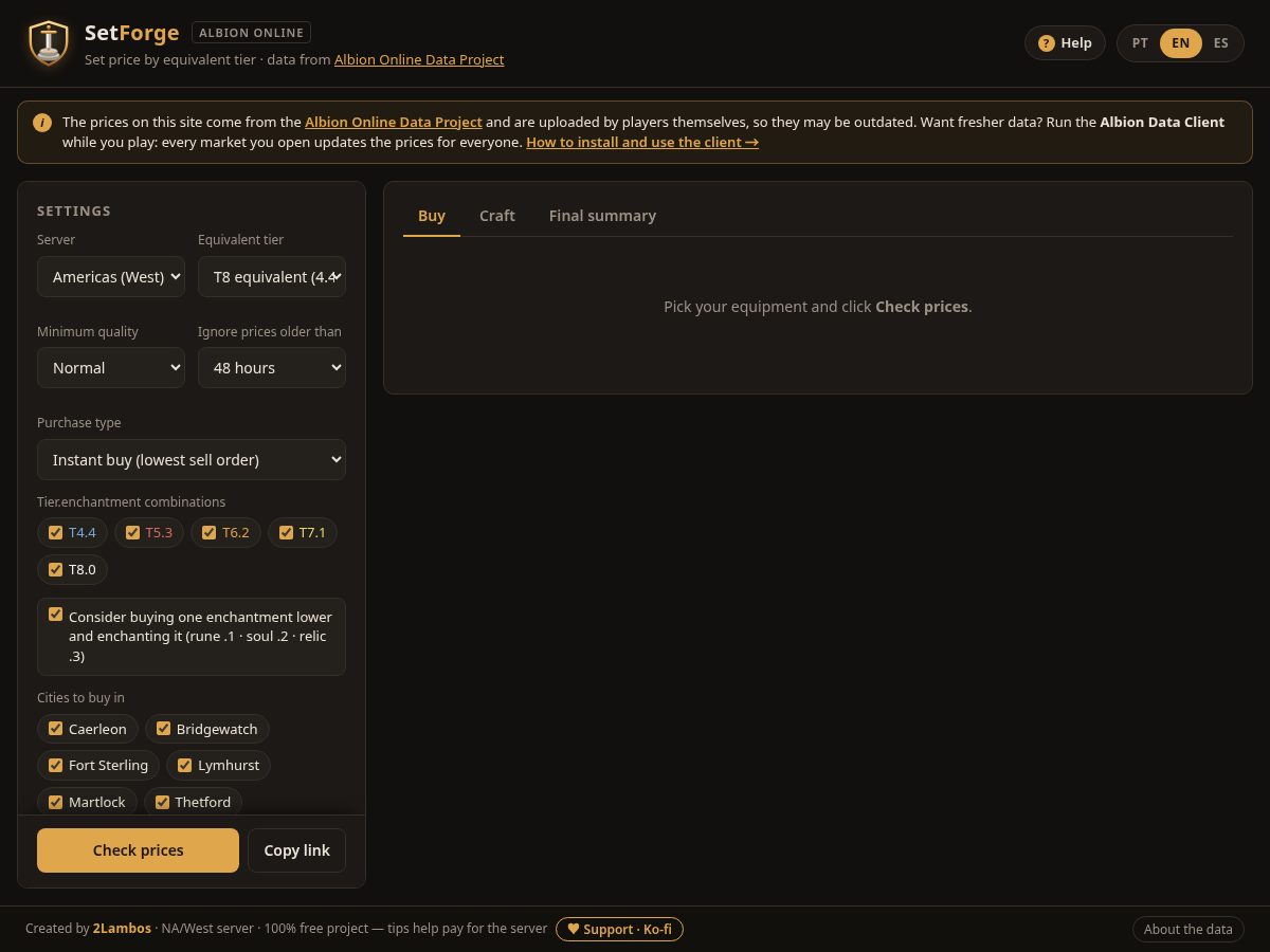 Landing-page snapshot of albionsetforge.xyz
