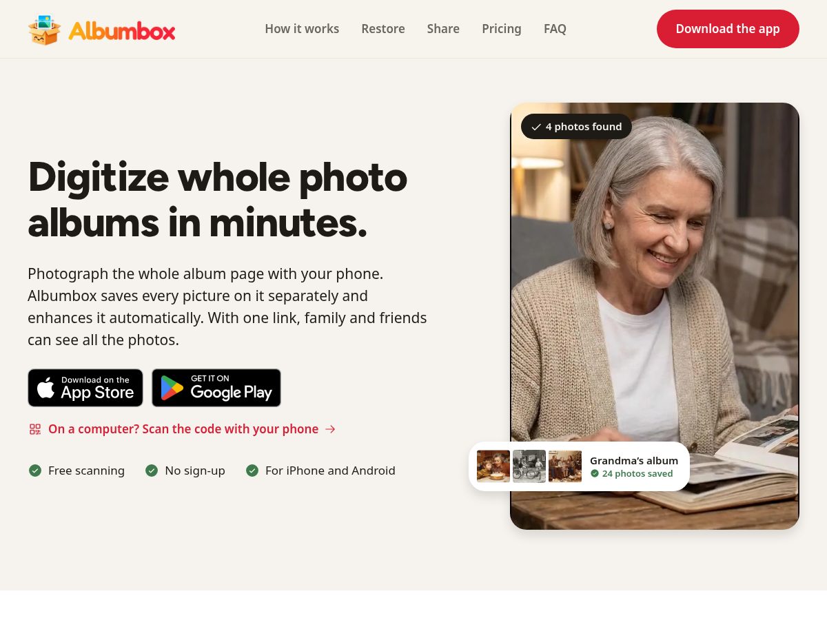 Landing-page snapshot of albumbox.app