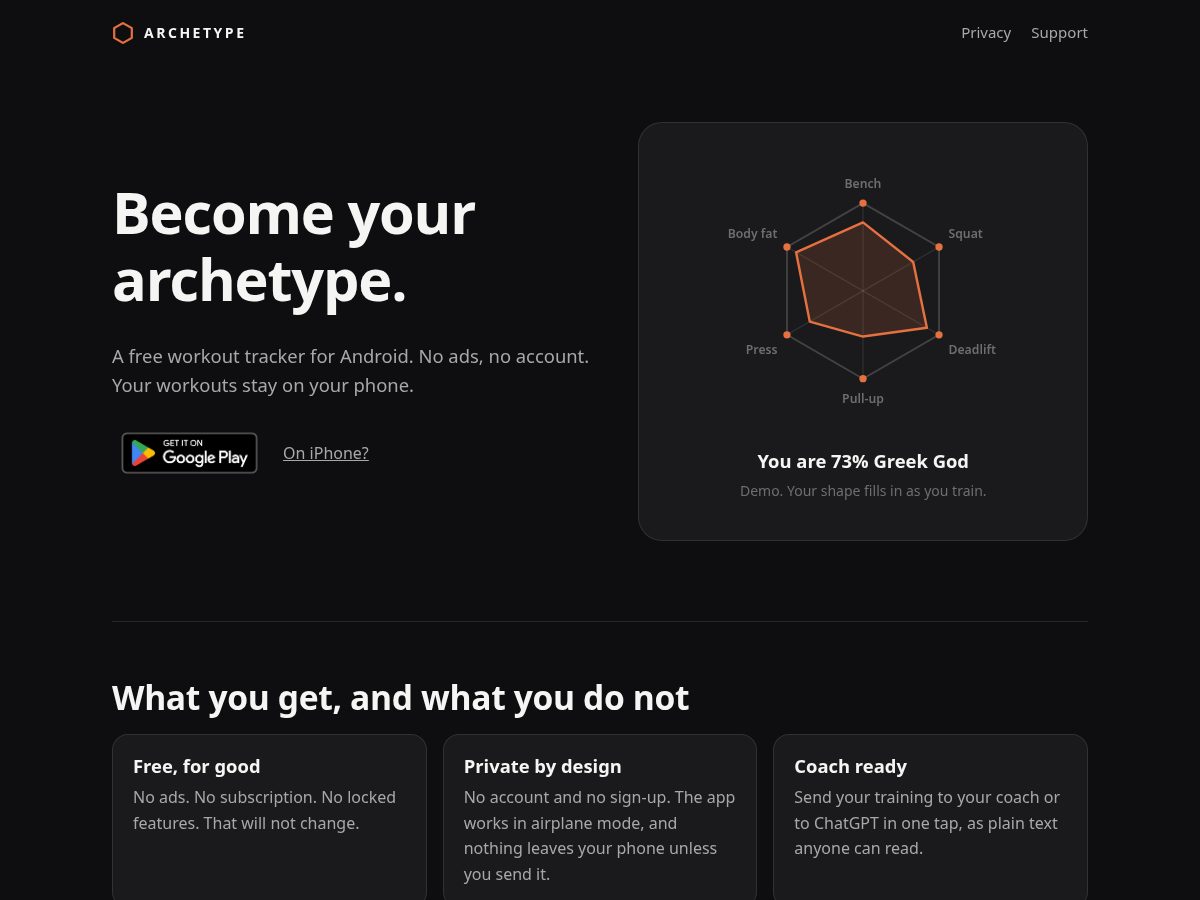 Landing-page snapshot of archetypefitness.app