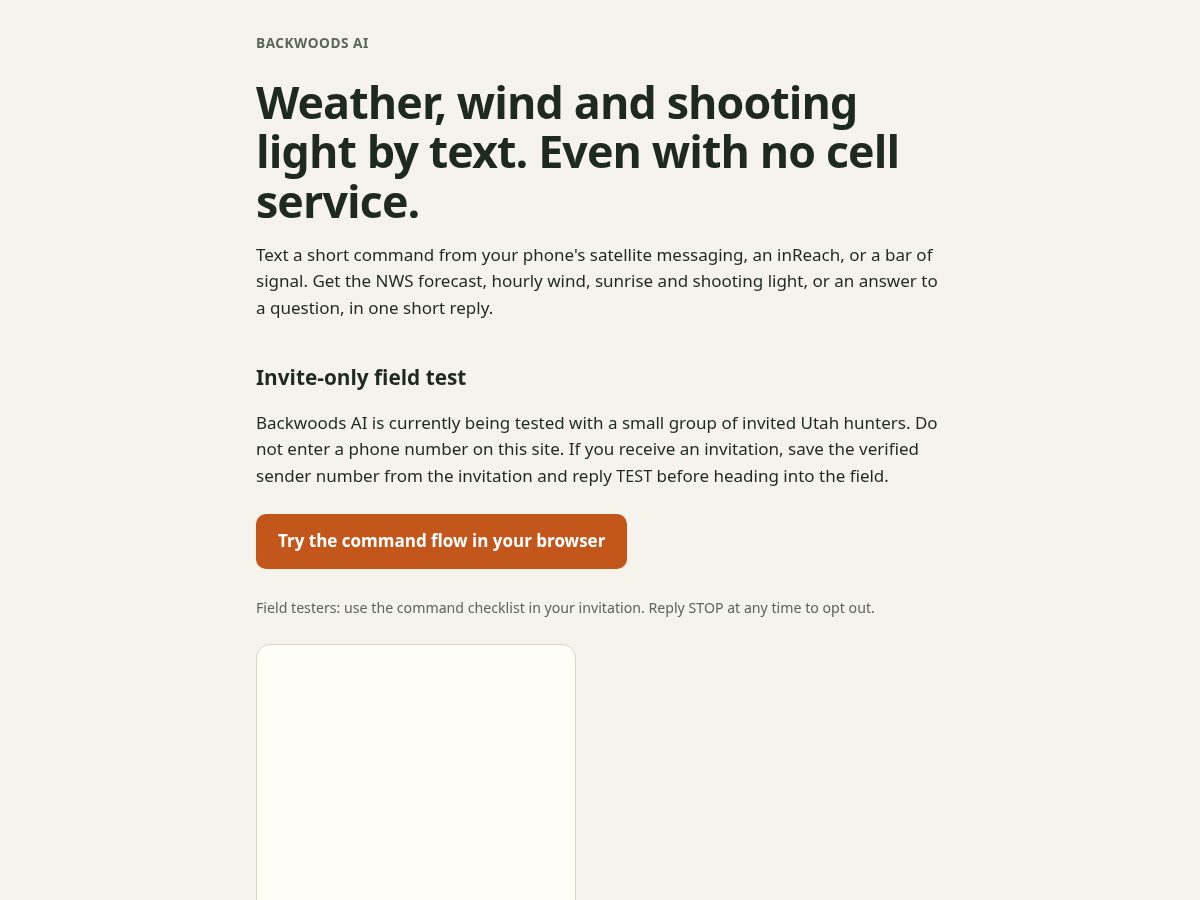 Landing-page snapshot of backwoodsai.app