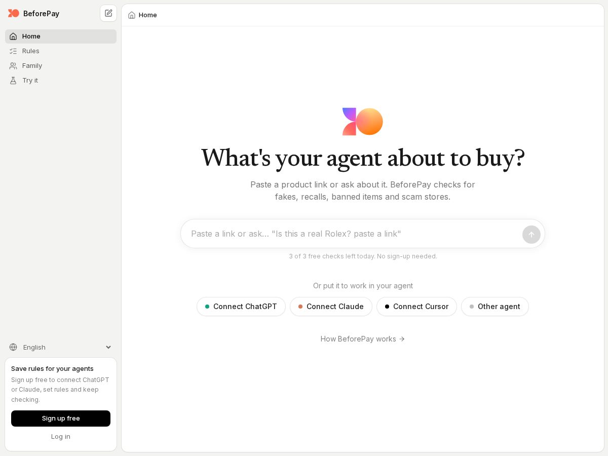 Landing-page snapshot of beforepay.dev