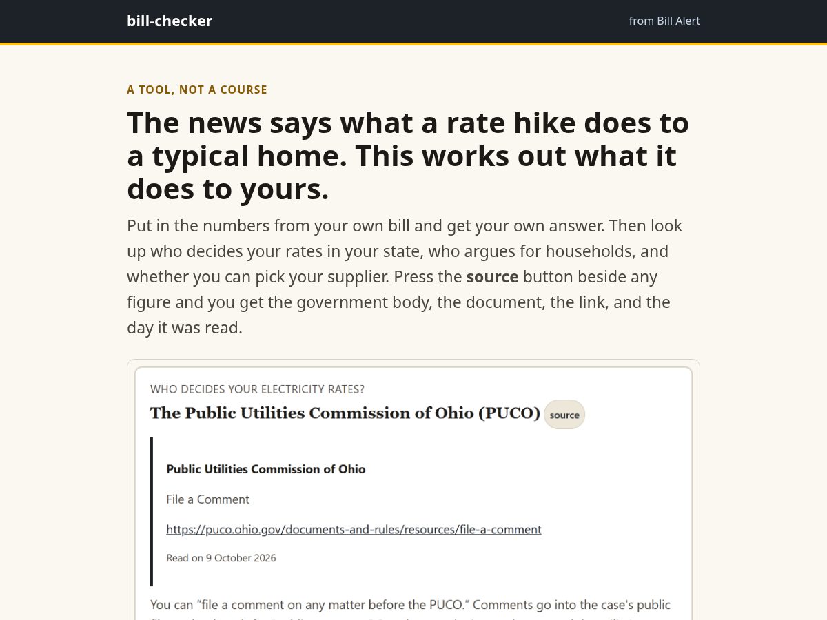 Landing-page snapshot of billchecker.online