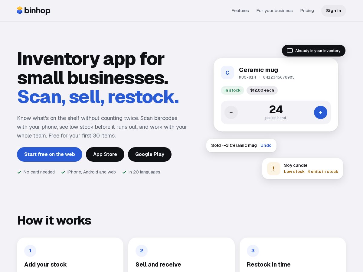 Landing-page snapshot of binhop.app