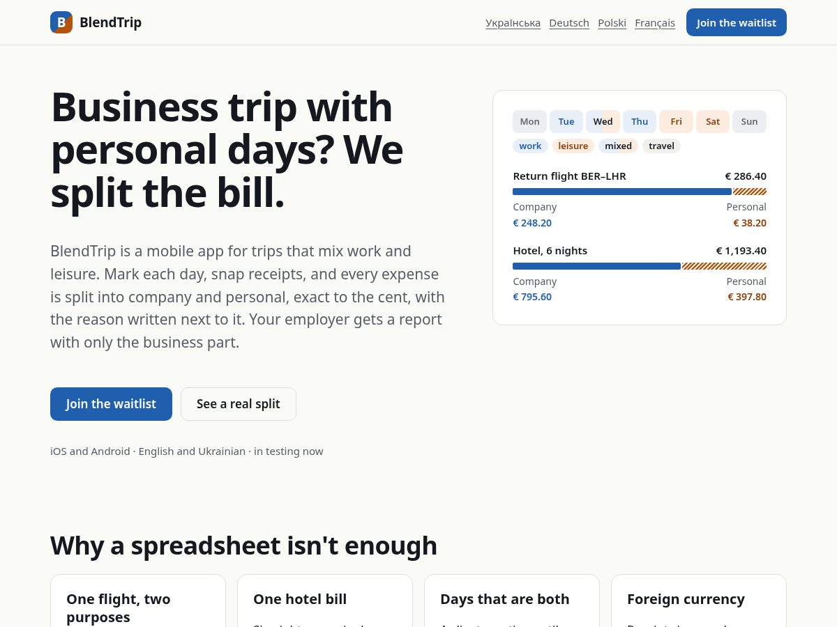 Landing-page snapshot of blendtrip.app