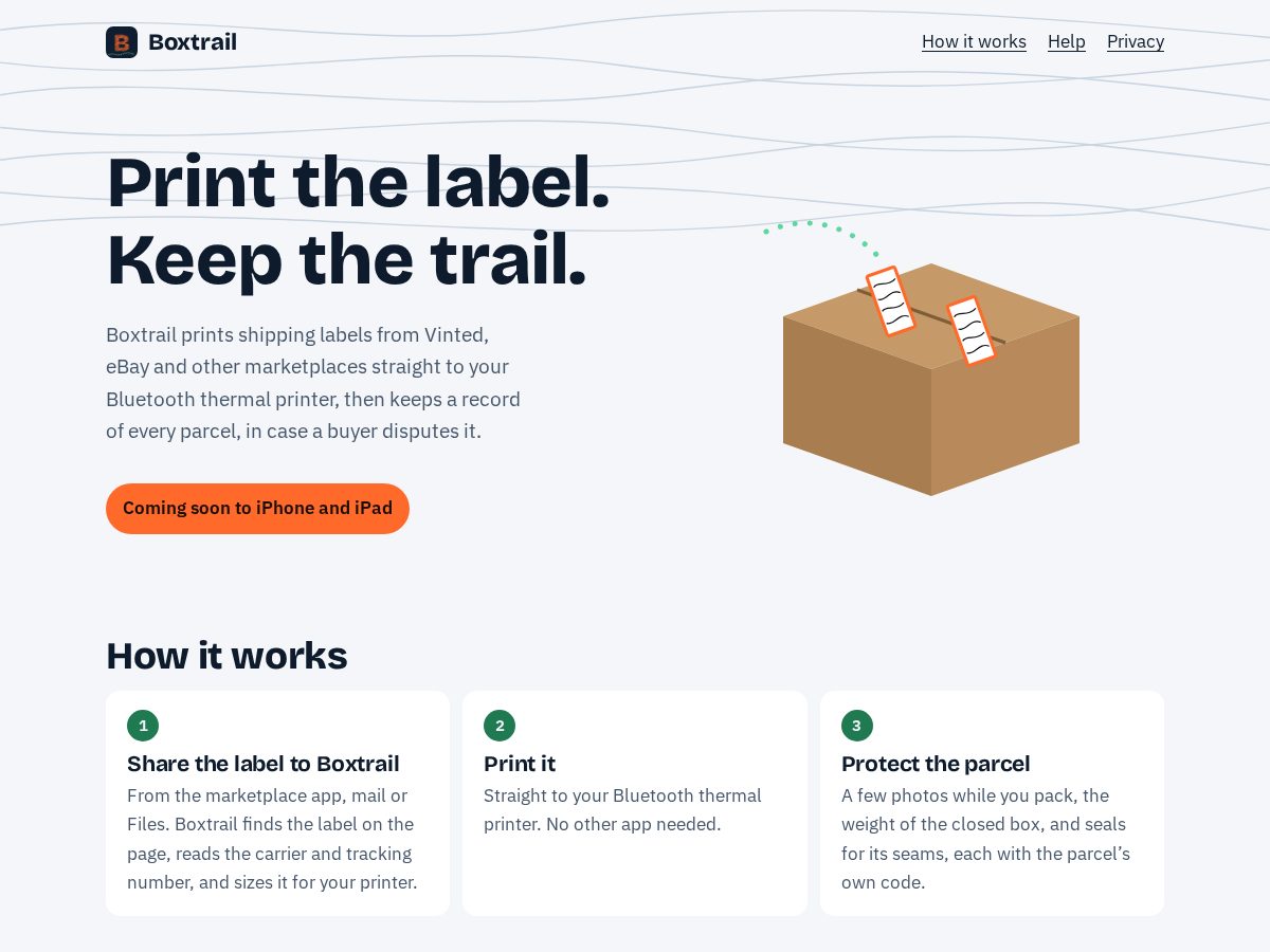 Landing-page snapshot of boxtrail.app