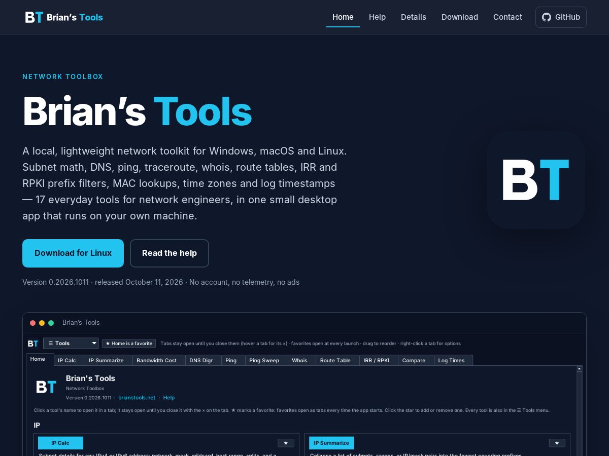 Landing-page snapshot of brianstools.net