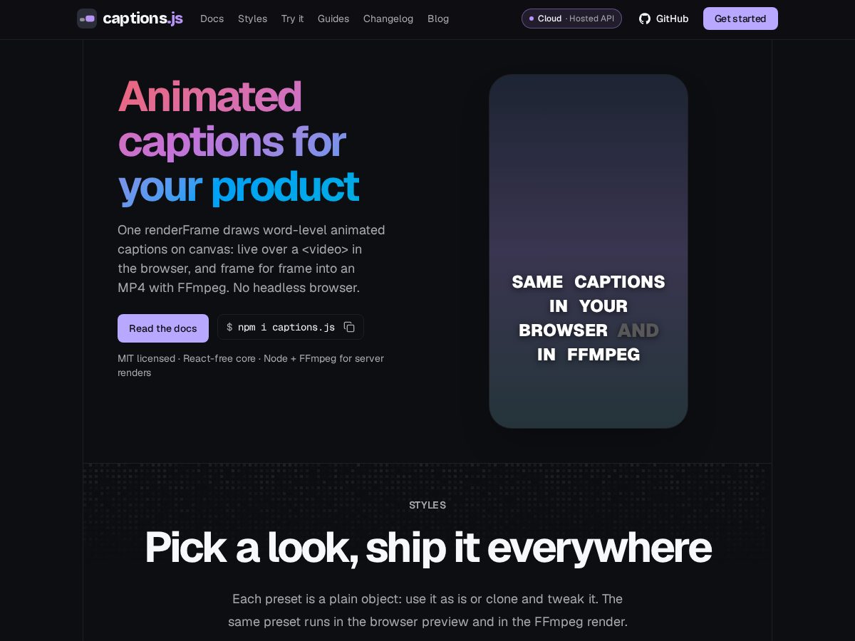 Landing-page snapshot of captionsjs.dev