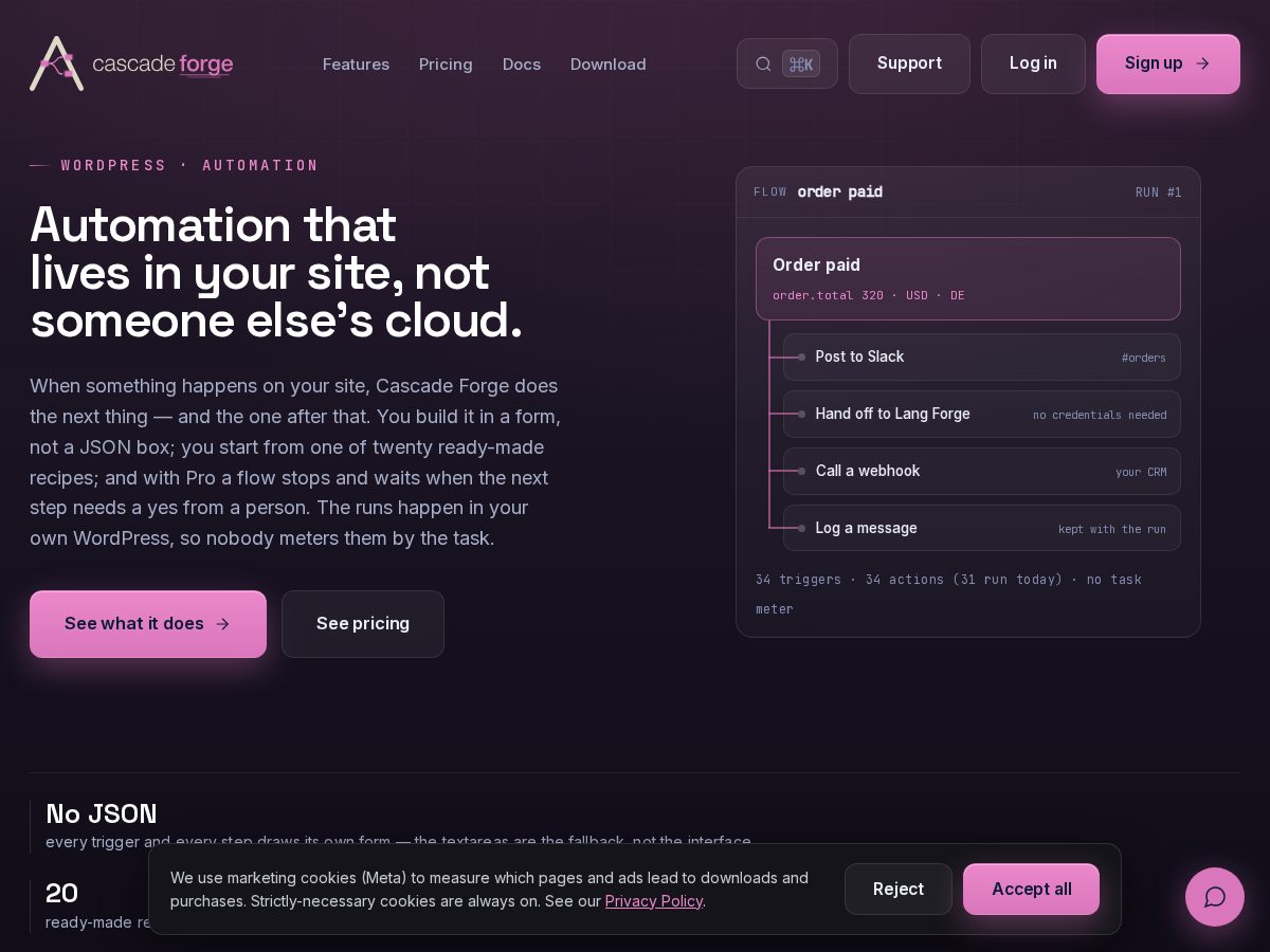 Landing-page snapshot of cascadeforge.app
