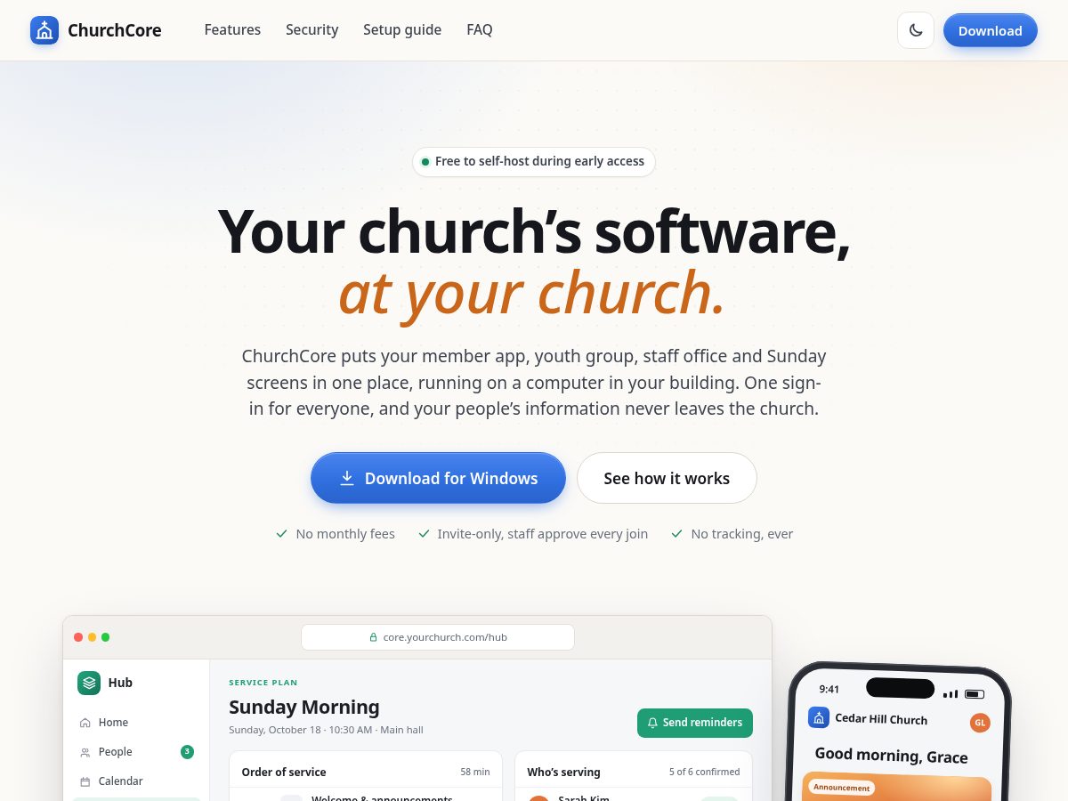 Landing-page snapshot of churchcore.app