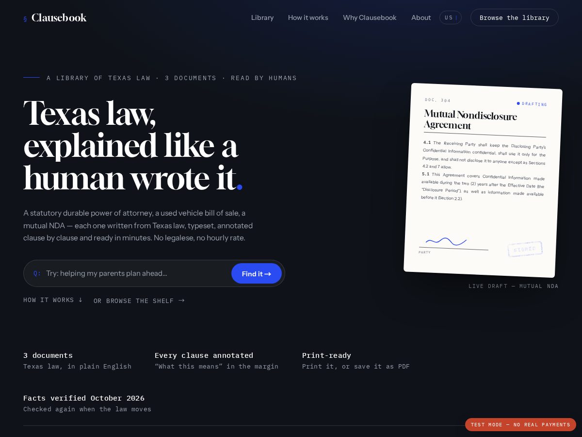 Landing-page snapshot of clausebook.app