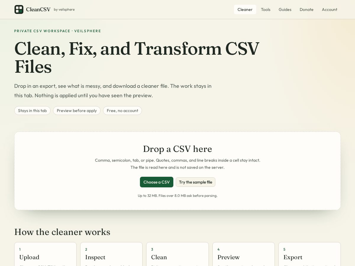 Landing-page snapshot of cleancsv.site