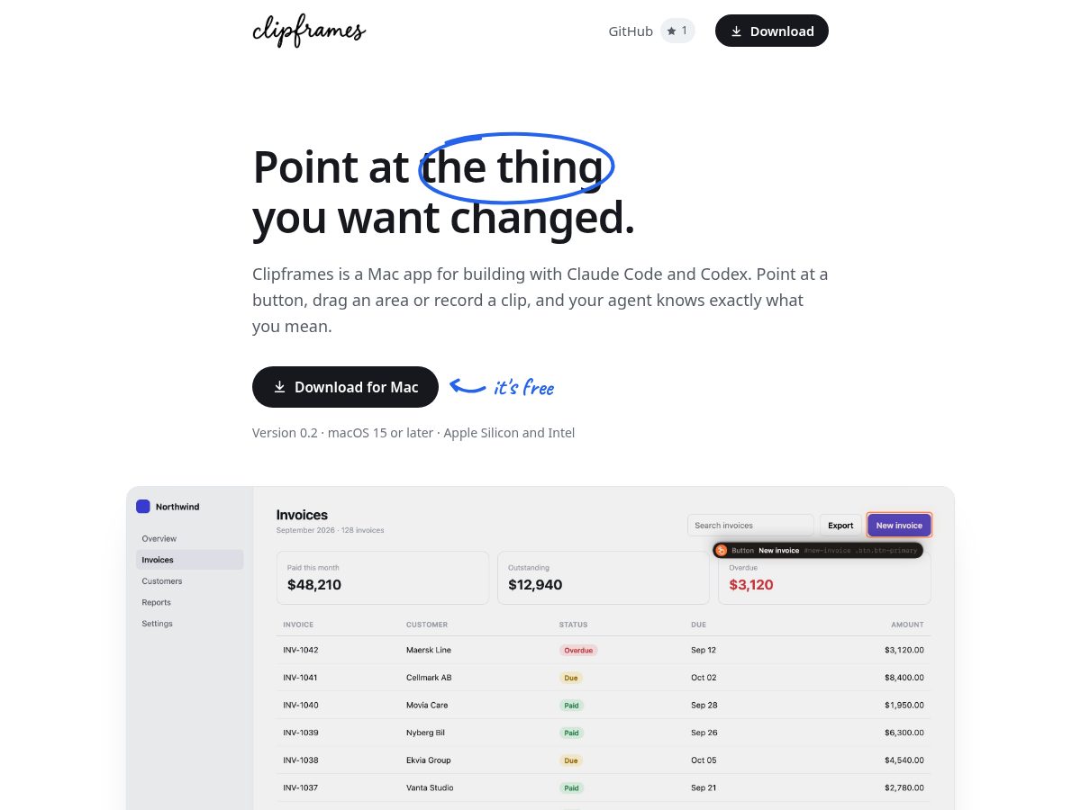 Landing-page snapshot of clipframes.app