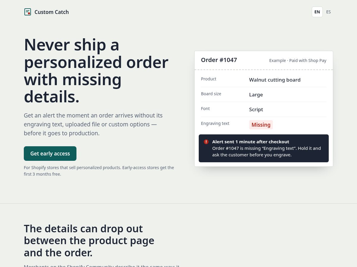 Landing-page snapshot of customcatch.app