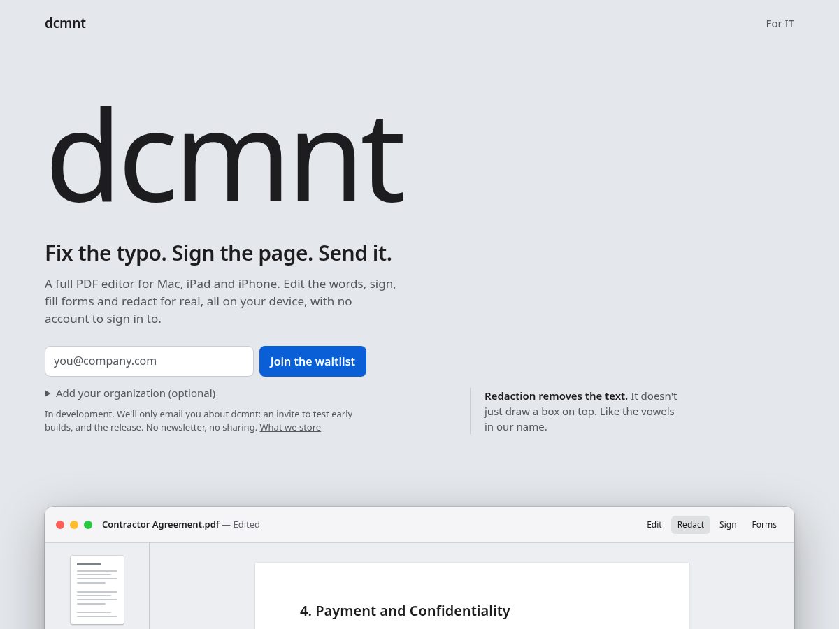 Landing-page snapshot of dcmnt.app
