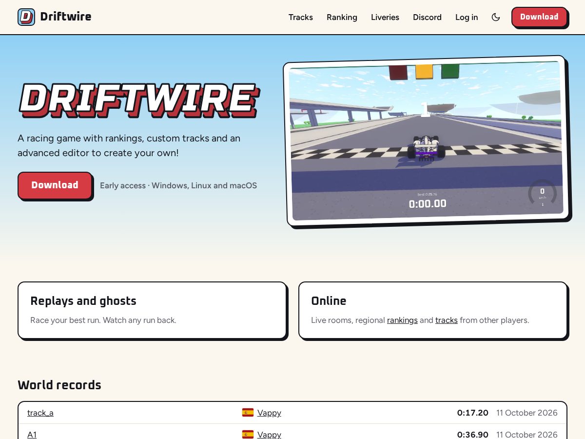 Landing-page snapshot of driftwire.dev