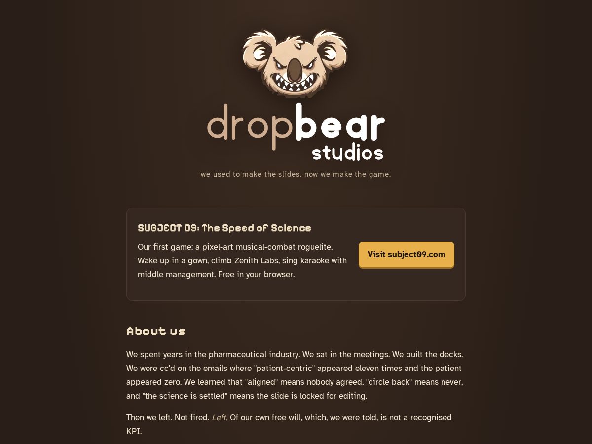 Landing-page snapshot of dropbearstudios.net
