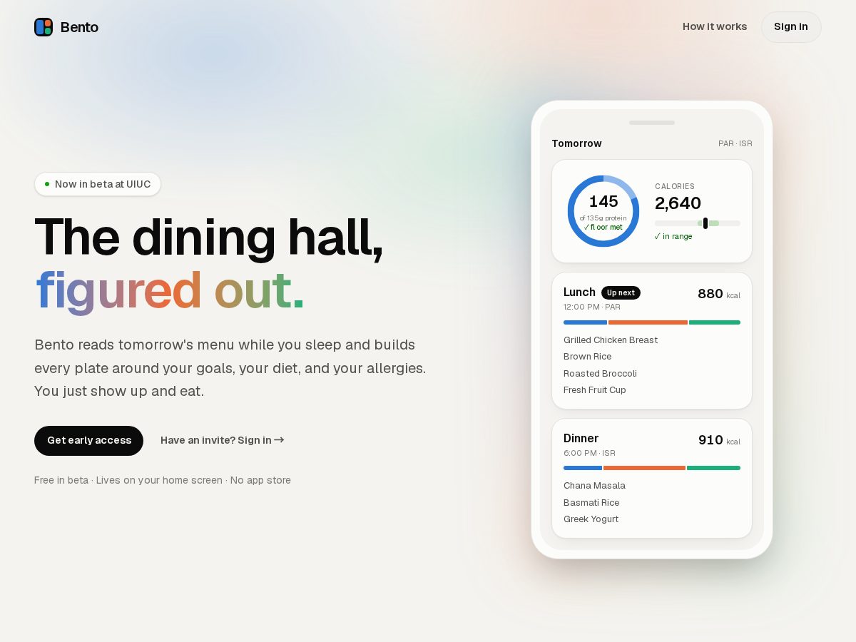 Landing-page snapshot of eatbento.app