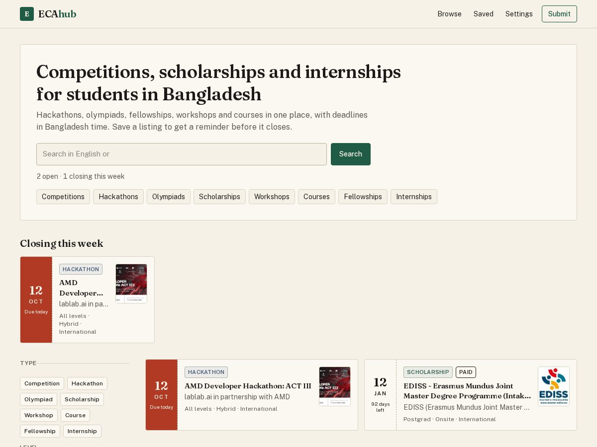 Landing-page snapshot of ecahub.app