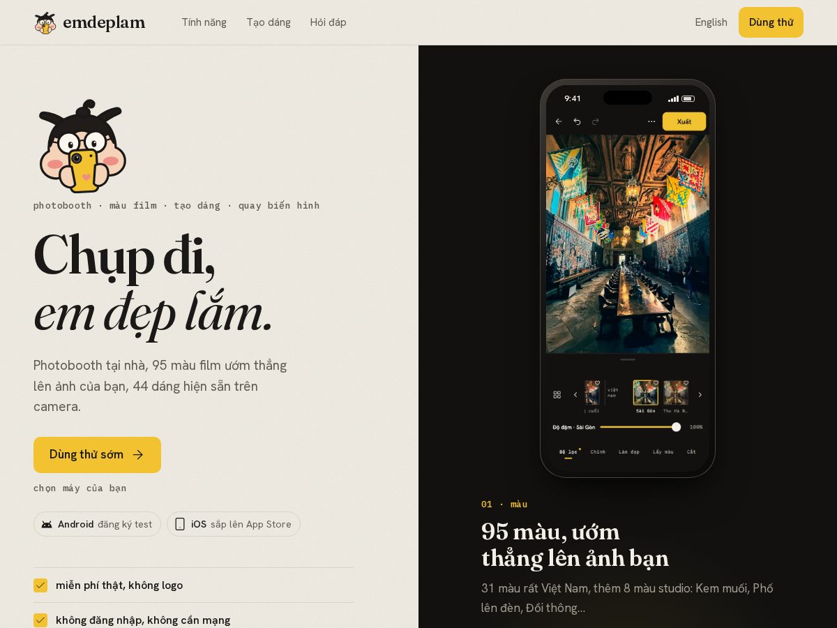 Landing-page snapshot of emdeplam.app